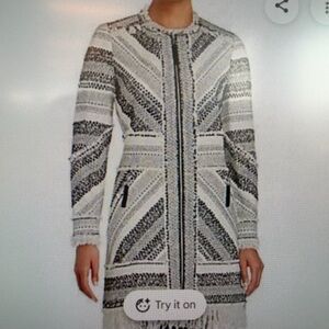 Rebecca Taylor Artisan Cotton Wool Textured Fringe Trim Long Coat 2
